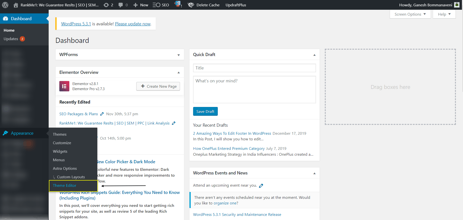 Screenshot Showing The Theme Editor Option In WordPress