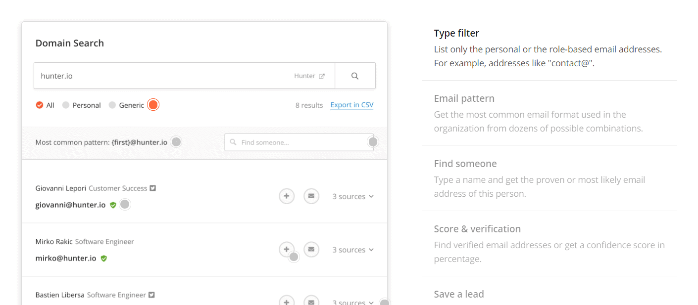 Hunter.io Domain Search Feature