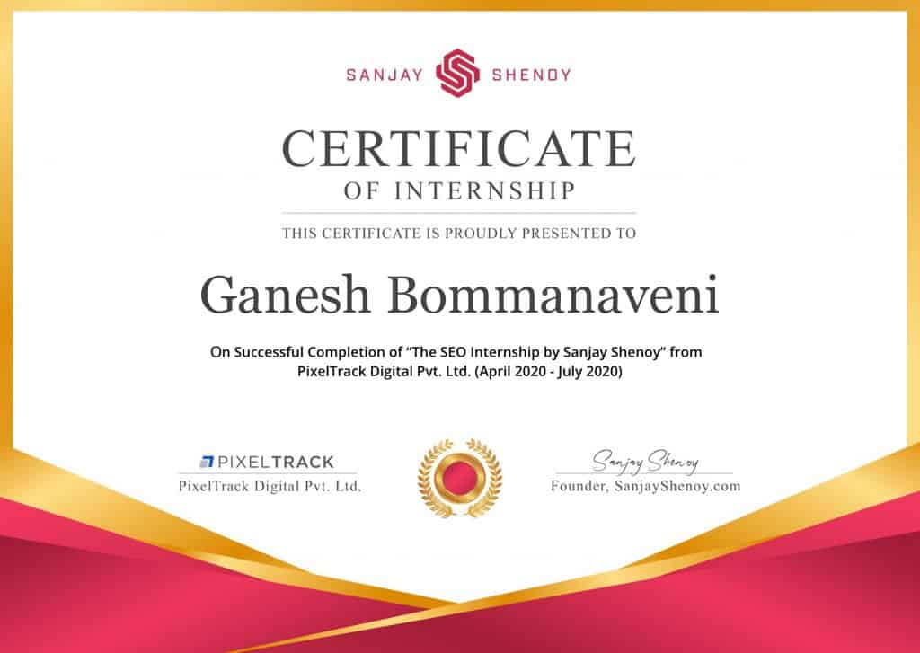 Ganesh Bommanaveni Seo Internship Certificate Of Sanjay Shenoy 1